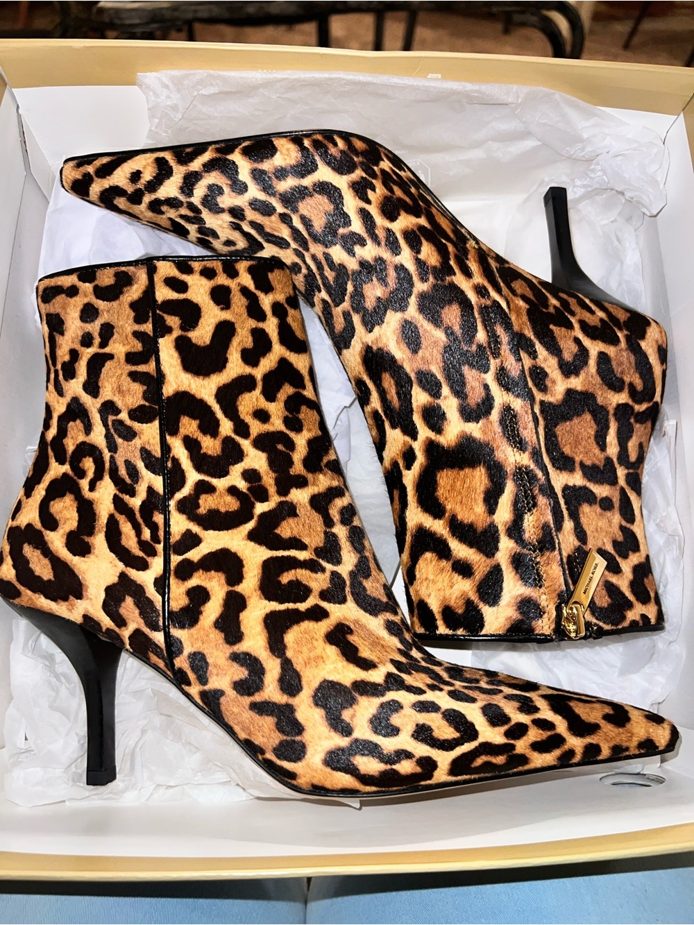Michael Kors Selena Leopard Print Pointed Toe Ankle Booties - Black & Tan